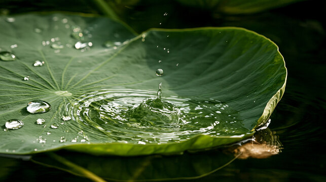 Water droplet launching from green lotus leaf, macro detail of splash.