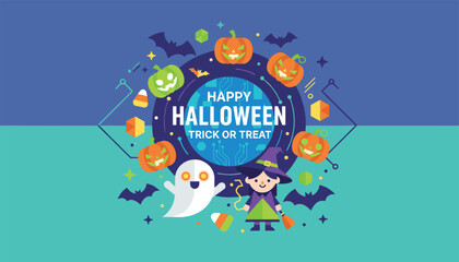 Fototapeta premium Tech themed Happy Halloween banner with circuit details, digital green pumpkin, friendly ghost, and cute witch.