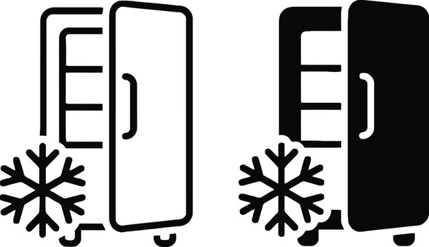Refrigerator freezer icon set, vector collection of fridge symbols with cooling snowflake in outline and solid styles for kitchen appliances, food storage, and household design