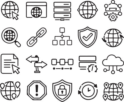 Domain and DNS icons for website management, hosting, servers, networking, internet, and web security.