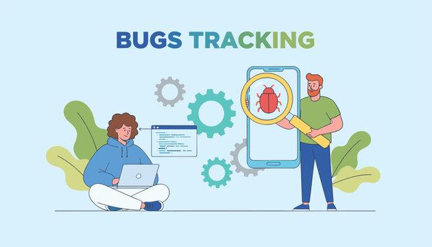 Software development bug tracking concept with developers examining code errors on a giant mobile phone.