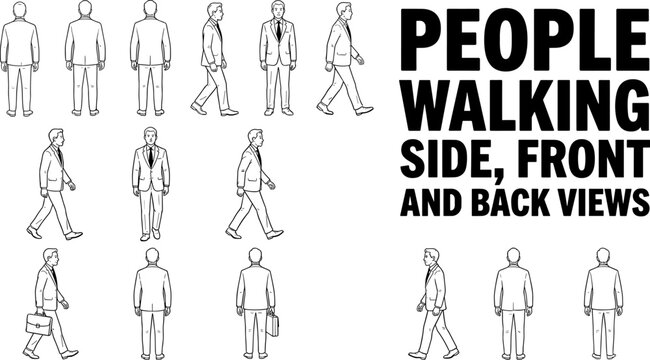 Vector outline illustrations of a corporate businessman walking in front, side, and back views for character animation cycles.