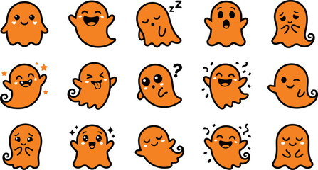Fototapeta premium Cute orange ghost characters with varied happy expressions during Halloween season with copy space for text