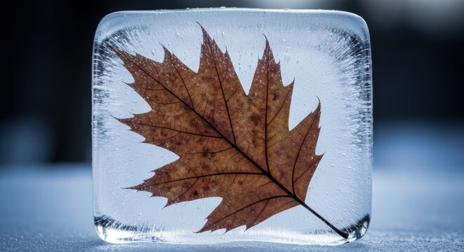 Autumn's Golden Leaf Preserved Within Clear Frosty Ice Block Capturing the Essence of Winter's Chilling Embrace and Nature's Fleeting Beauty in a Frozen State.