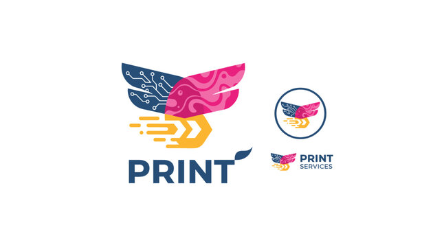 Modern print services logo showcases a stylized owl with tech circuit wings and vibrant pink and yellow color patterns.