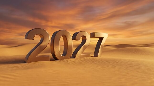 Year 2027 metallic three dimensional numbers on sand dunes under warm sunset sky background.