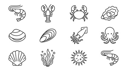 Black and white seafood and ocean life icons set. © alfa
