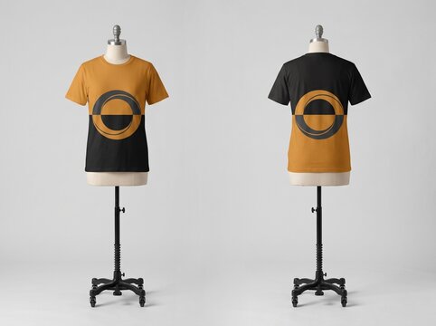 Two t-shirt mockups with circular graphic design displayed on mannequins Mockup