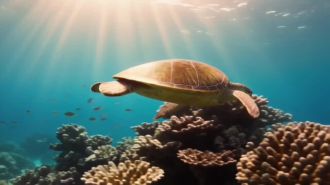 Sea turtle swimming underwater in coral reef. Green marine reptile gliding through ocean with sunlight rays.