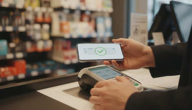 Close-up of a person using a smartphone to complete a successful contactless payment at a retail checkout terminal