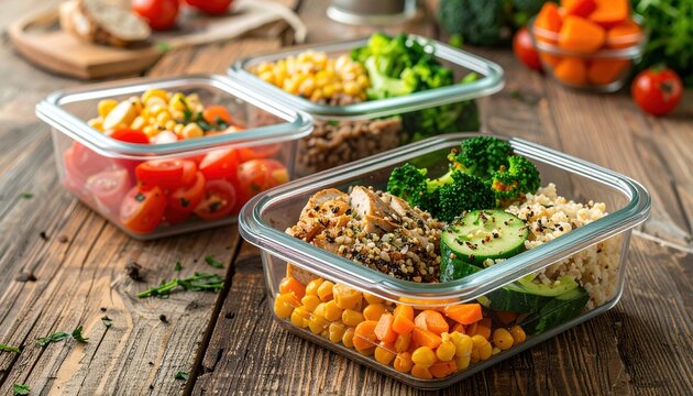 healthy meal prep containers wooden table