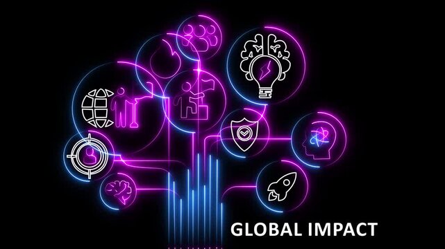 Neon Revolution Tree of Change and Innovation with Global and Technological Icons brain