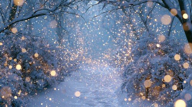 Snowy path lined with glowing lights, magic winter wonderland