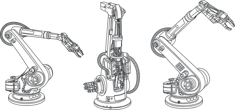 Industrial robotic arms collection vector illustration, automated factory line robot manipulators wireframe line art design