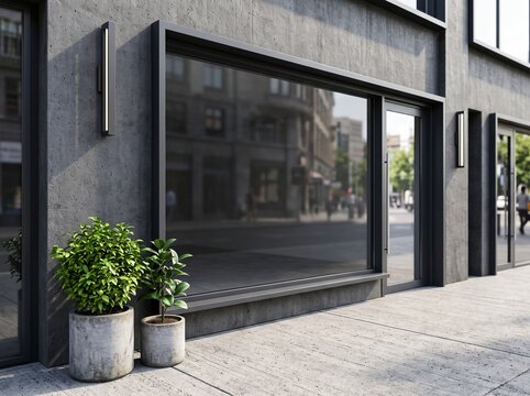 Modern storefront shop window with green plants in concrete pots on a city sidewalk
