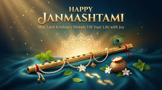Celebratory janmashtami greeting with musical instruments with janmashtami celebration featuring captures festive janmashtami instruments floral motifs