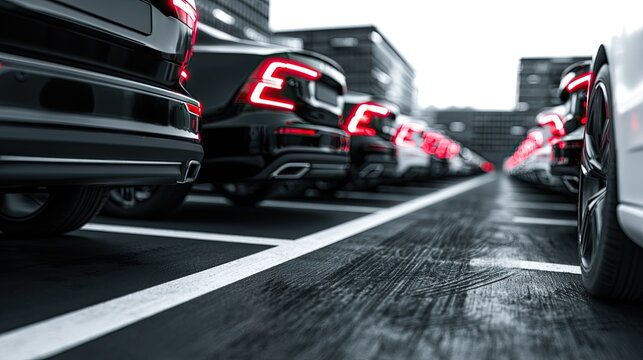 Rows of sleek, modern vehicles with glowing taillights in a parking lot