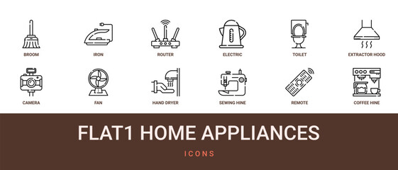 Fototapeta premium Set of 12 outline web Flat1 Home Appliances icons such as coffee hine, remote, sewing hine, hand dryer, fan, camera, extractor hood vector icons for report, presentation, diagram, web design, mobile