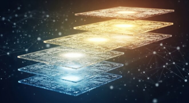 Abstract Data Layers Interconnected in Digital Network Representing Information Flow Connectivity Technology and Futuristic Knowledge Systems