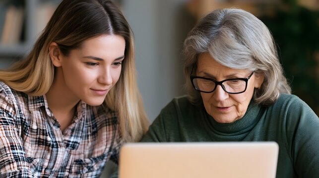 A younger woman assists an older woman using a laptop computer together in a calm indoor setting