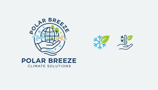 Polar breeze climate solutions logo template featuring a globe protected by hands with snowflakes and green leaves.