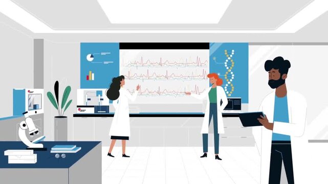 Scientific Laboratory Team Analyzing Medical Data Interface Screens 2D Vector Animation
