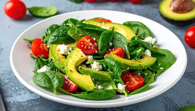 Healthy spinach salad with avocado and feta