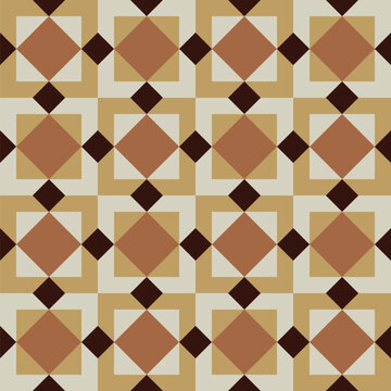 Seamless pattern created from brown diamonds in pale grey and camel squares linked by small dark brown diamonds