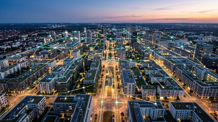 Obraz premium Aerial view of futuristic smart city at dusk with illuminated skyscrapers connected by glowing digital network lines, representing urban infrastructure, IoT connectivity and mod...
