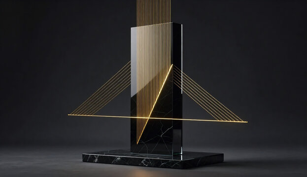 Avant-garde 3D abstract architectural monolith sculpture with black glass, marble, and glowing gold string cuts