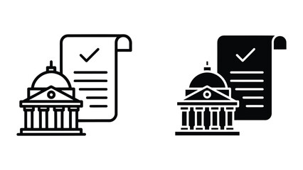 Naklejka premium Government Building Icon with Approved Document Symbol in Minimalist Vector Style