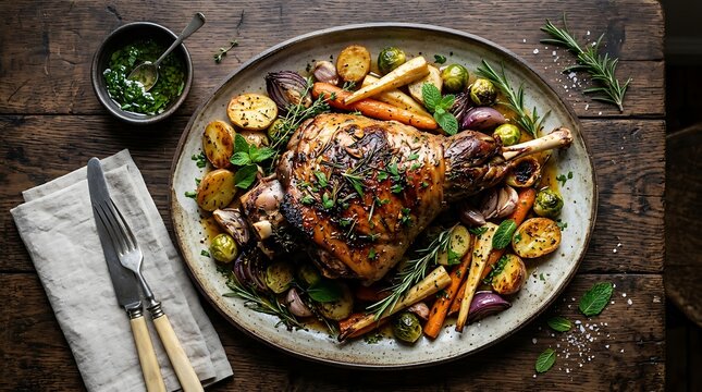 Roasted leg of lamb served with grilled vegetables and herbs on a rustic dark wooden table background. pierna cordero