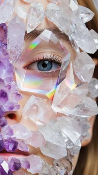 Surreal portrait with a woman face encrusted in raw crystals. Faceted shards refracting a spectrum of light. Intricate blend of jagged stones and smooth skin creates a powerful, ethereal aesthetic