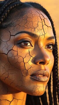 Portrait of a young woman with her face textured with the pattern of cracked, parched earth. Dry soil skin effect as powerful metaphor for environmental resilience and the human connection to nature