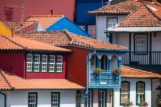 Typical, picturesque, colourful fa&ccedil;ades in the historic centre of Chaves, Portugal 