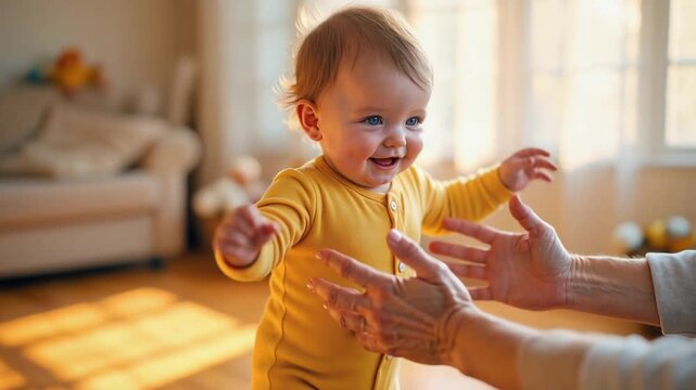 Heartwarming scene of a baby making first steps at home. Happy toddler smiles with determination as walks toward his parent reaching hands. Cozy, soft morning light create a timeless moment of joy
