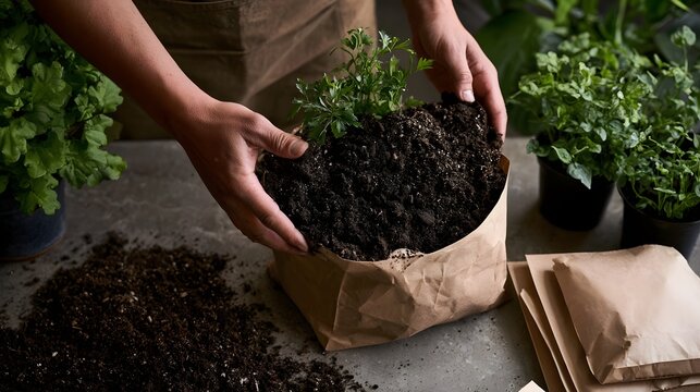 Hands carefully packing fresh herbs into brown paper bags surrounded by potted plants and soil