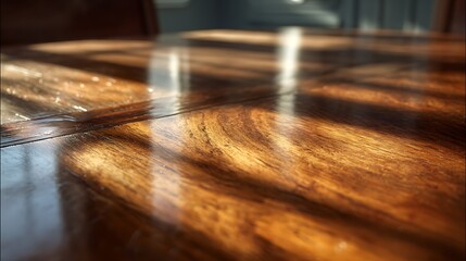 Fototapeta premium Warm Sunlight Reflecting on Polished Wood Surface.