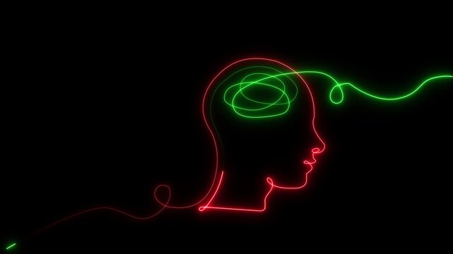 Neon human head outline with glowing red and green brain line animation on black background thinking intelligence concept abstract psychology design 4k visuals