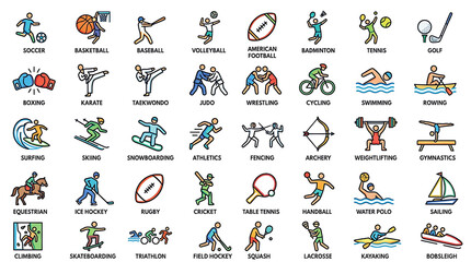 Fototapeta premium Sports icons collection flat vector featuring global athletic activities and diverse competitive fitness equipment for modern design projects