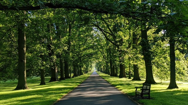 Sunlit path lined with tall trees and a solitary bench, leading into the distance