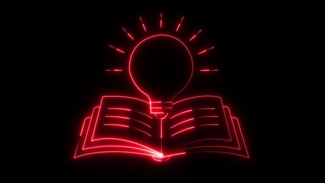 glowing neon knowledge icon Animation on Black background. Concept ideas inspiration, invention, effective thinking, knowledge and education. 4k video animation.
