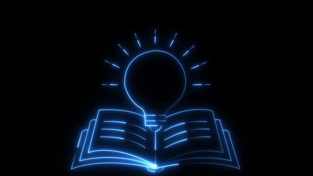 glowing neon knowledge icon Animation on Black background. Concept ideas inspiration, invention, effective thinking, knowledge and education. 4k video animation.