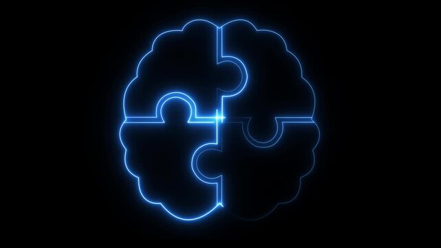 blue neon brain puzzle icon isolated on black background representing problem solving and cognitive function. human brain icon and puzzle icon with neon effect. brain icon with puzzle piece
