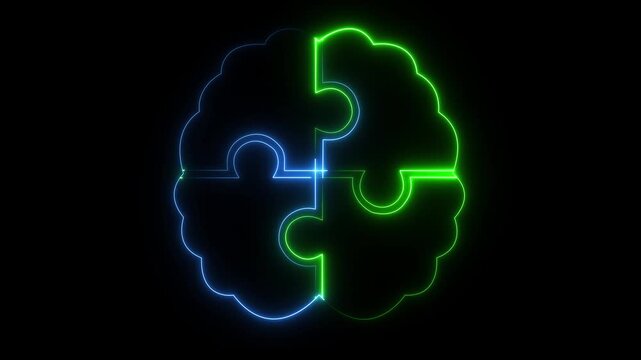 blue and green neon brain puzzle icon isolated on black background representing problem solving and cognitive function. human brain icon and puzzle icon with neon effect. brain icon with puzzle piece