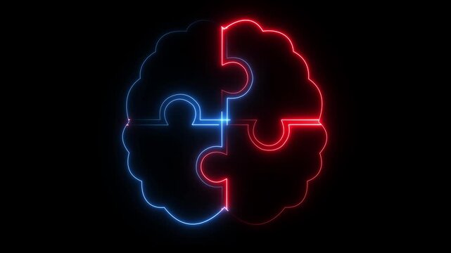 red and blue neon brain puzzle icon isolated on black background representing problem solving and cognitive function. human brain icon and puzzle icon with neon effect. brain icon with puzzle piece