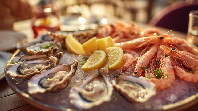 A platter of oysters, prawns, and shrimp on ice with lemon slices in the foreground.