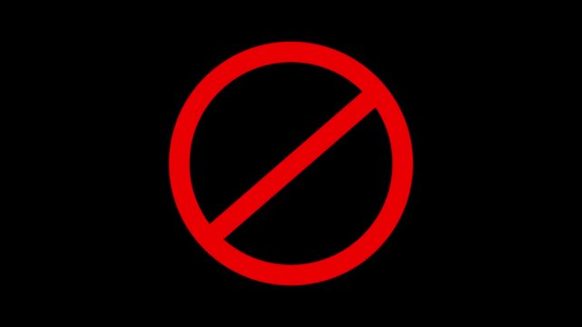 Warning, stop or no entry forbidden red circle on black background. Animation of delete, denied, ban or block icon