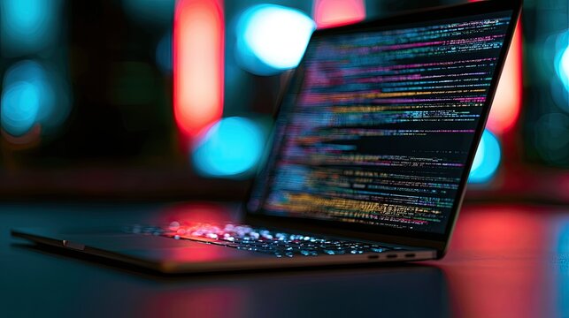Illuminated laptop screen displays colorful lines of code against a blurred, bokeh background