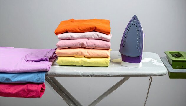 Ironing board with colorful clothing stack
